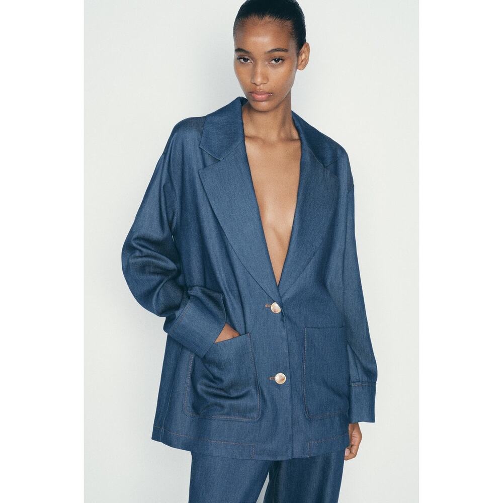 ZARA Denim Effect Oversized Blazer Jacket Large
